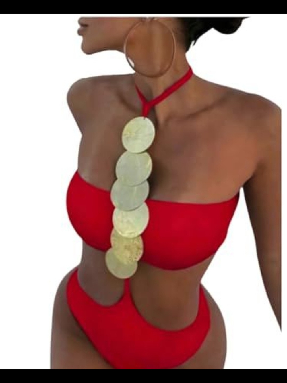 Red Cutout Bandeau Monokini with Gold Medallion Detail Medium
